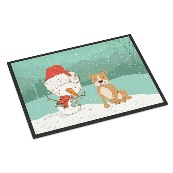 Carolines Treasures 18 x 27 in. Brown Staffie Snowman Christmas Indoor or Outdoor Mat CK2076MAT - main